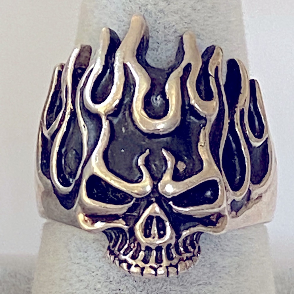925 Silver flame skull ring burn burning head